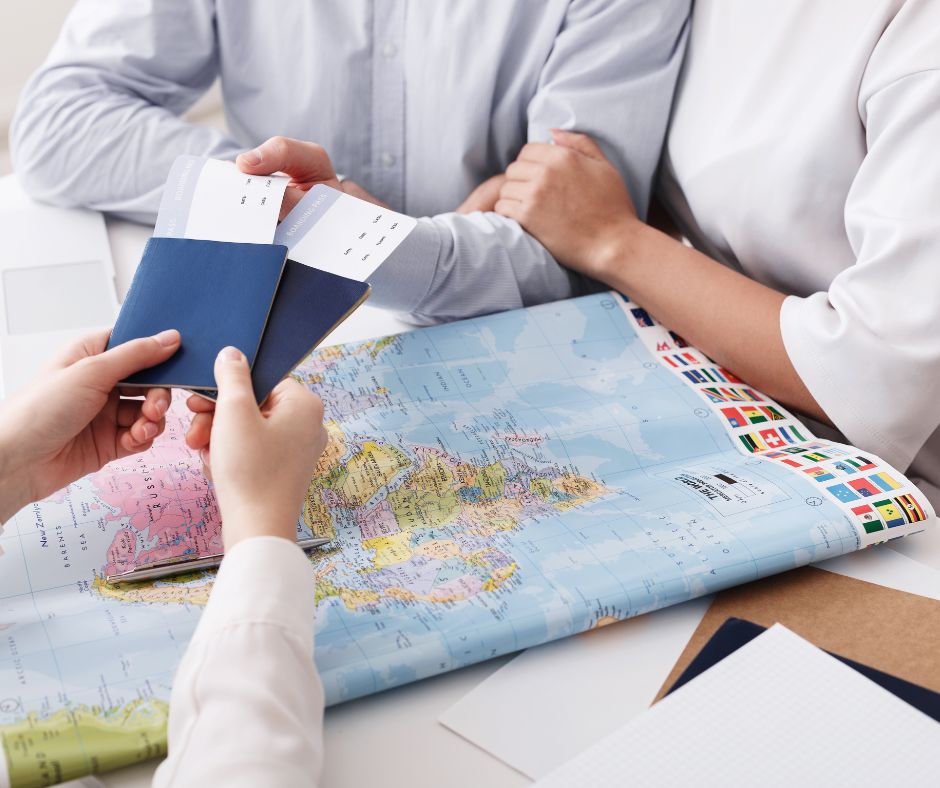 Modern travel agency team helping customers with tickets, visa and tour packages