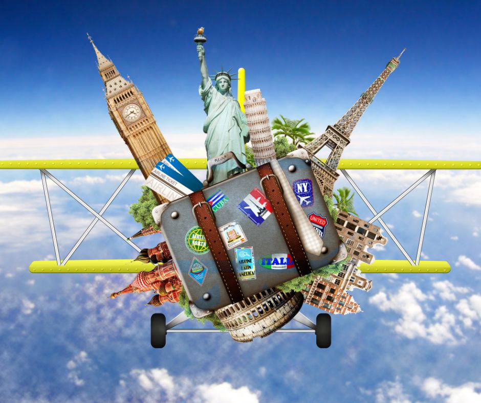 Airplane, world map, suitcase and international landmarks for travel agency landing page