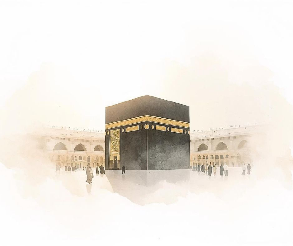 Umrah package image showing Kaaba, pilgrims, airplane and Makkah travel visuals
